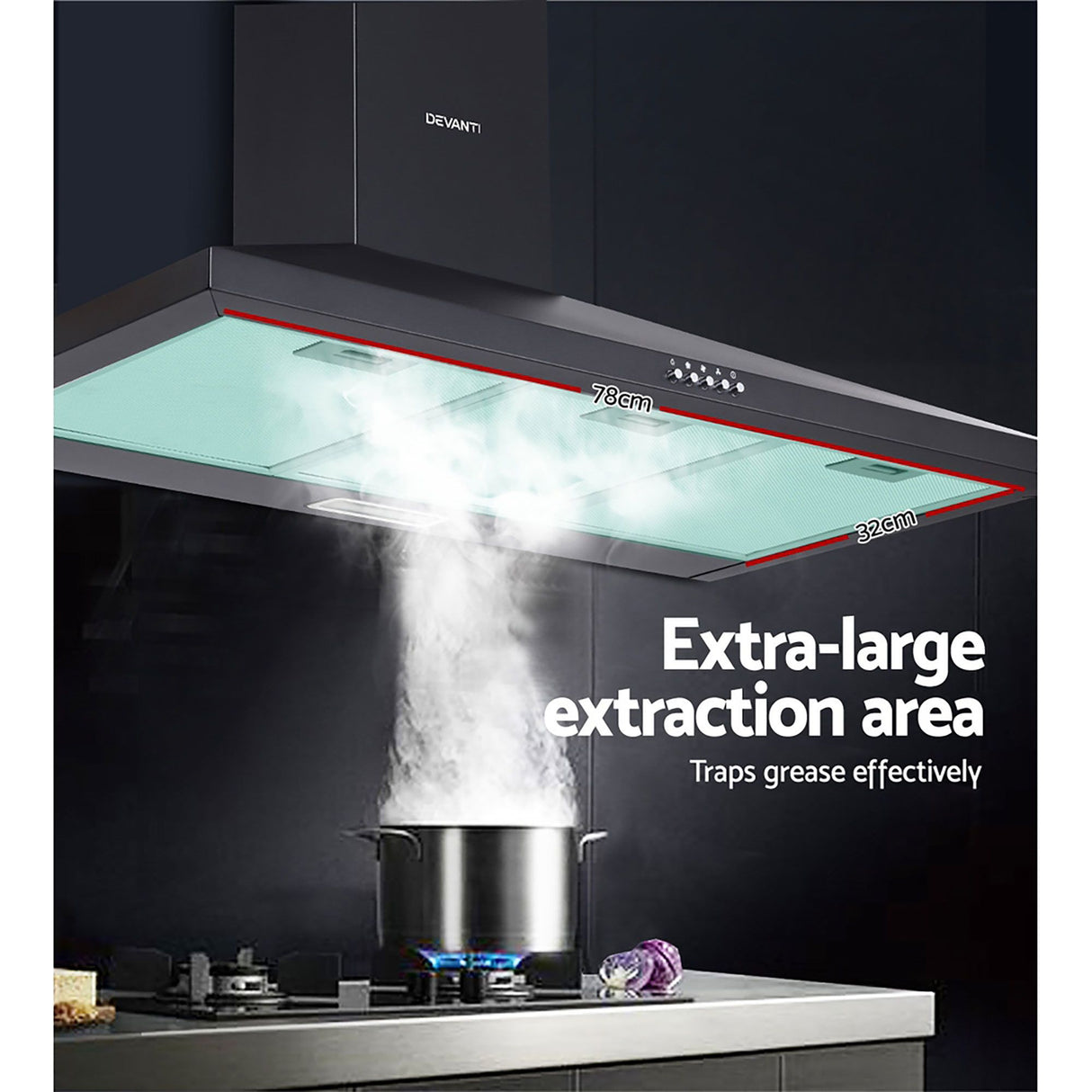 Range hood mounted on a kitchen wall above a cooktop