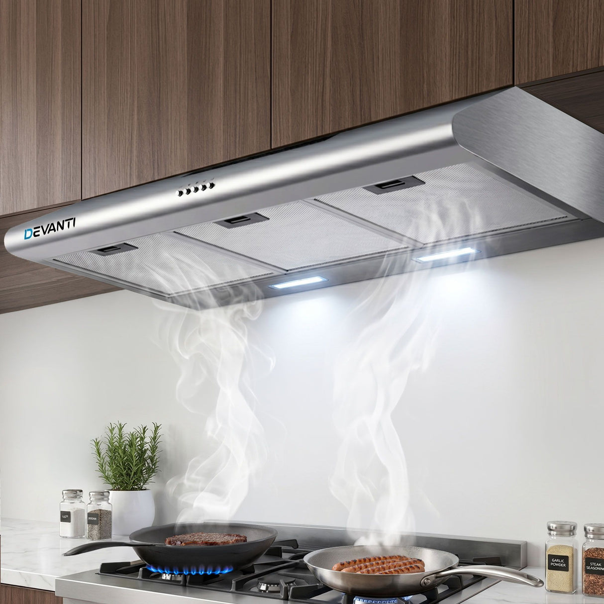 Slim 900 mm fixed stainless steel range hood, front view