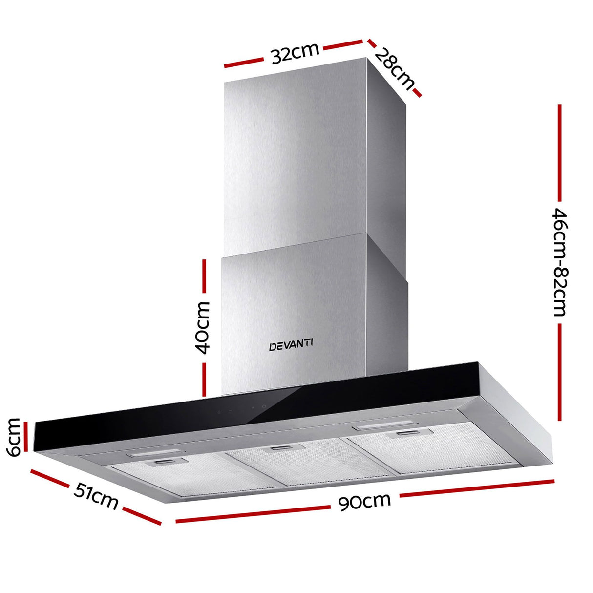 T shape wall mounted range hood shown at an angle with chimney