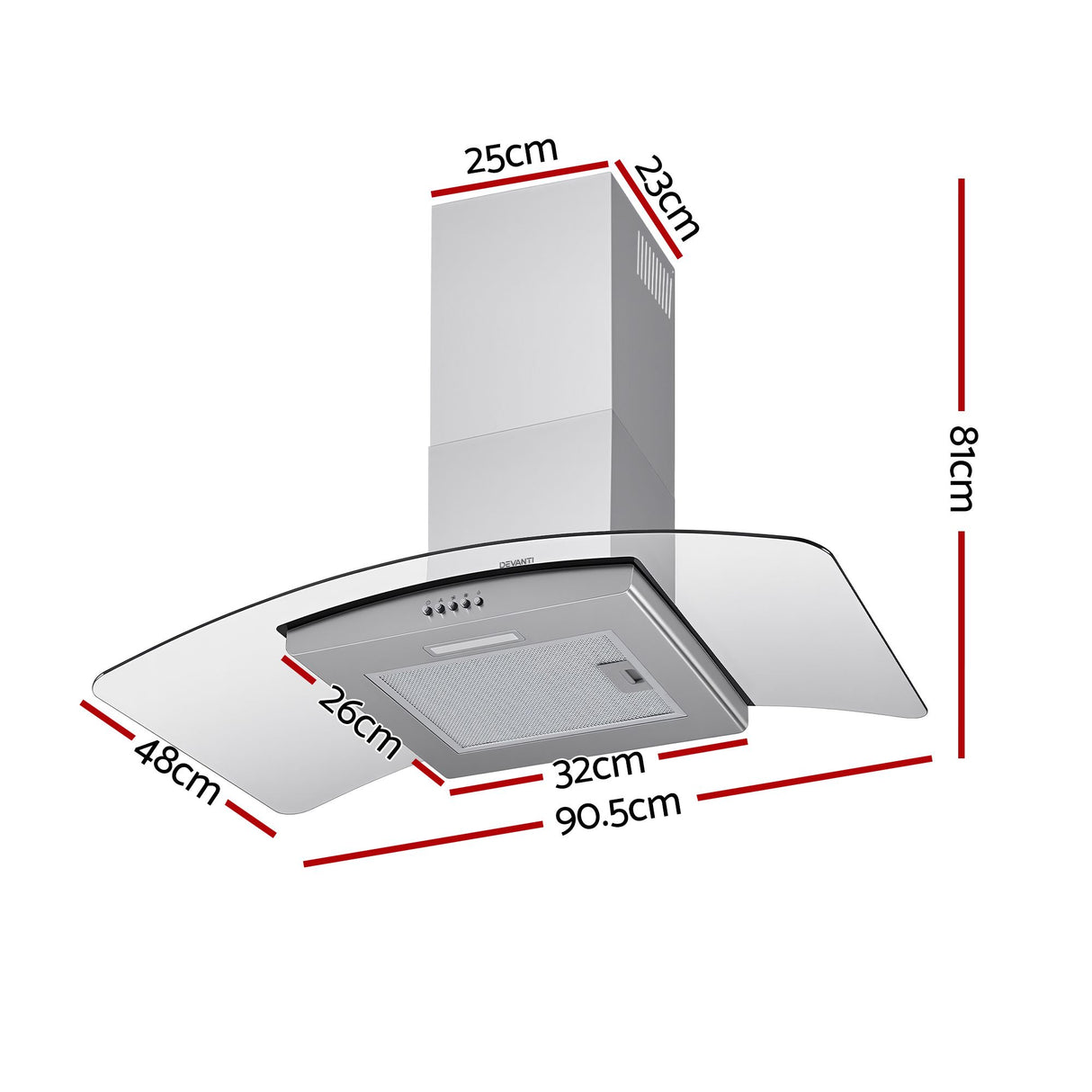 Curved glass range hood shown at an angle with chimney fitted