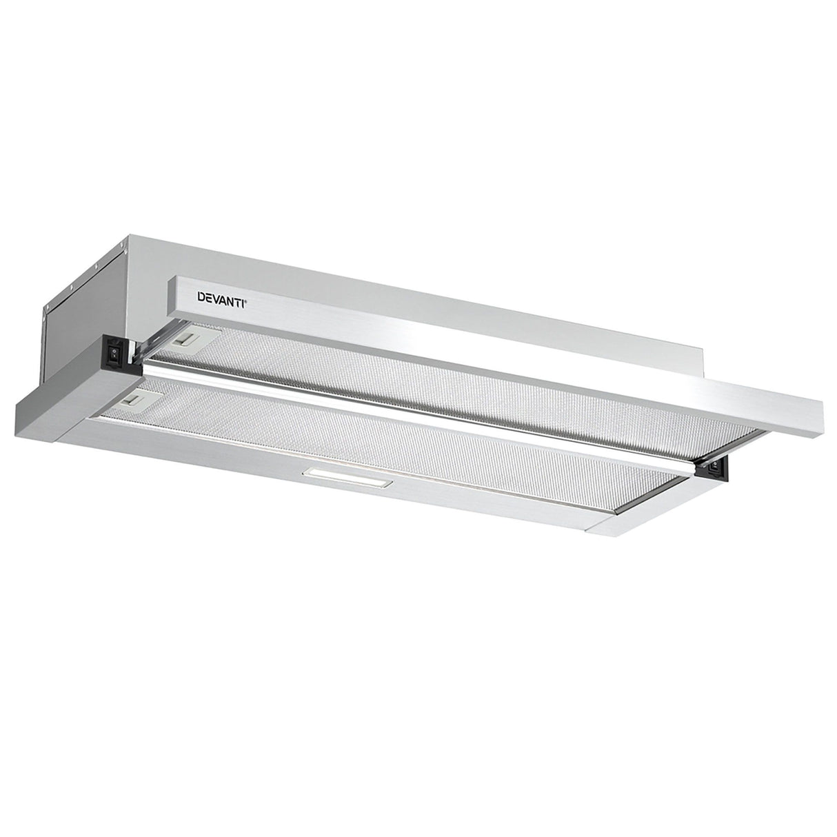 Dimension view of the 900 mm silver slide out range hood
