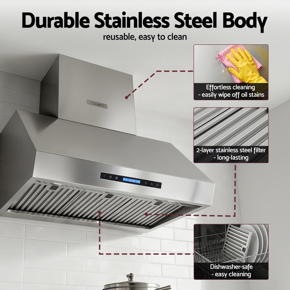 Dimension view of the 900 mm stainless steel range hood