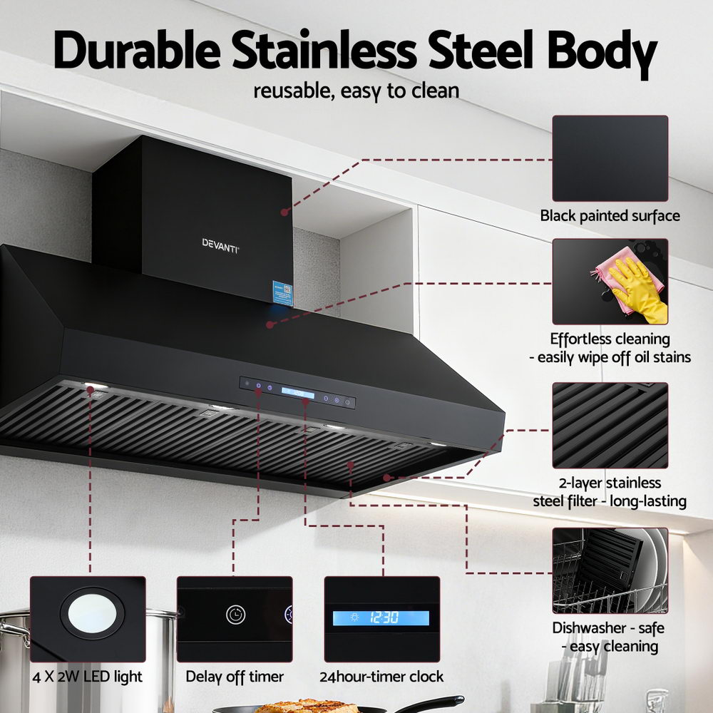 Dimension diagram of the 1200 mm black dual motor range hood
