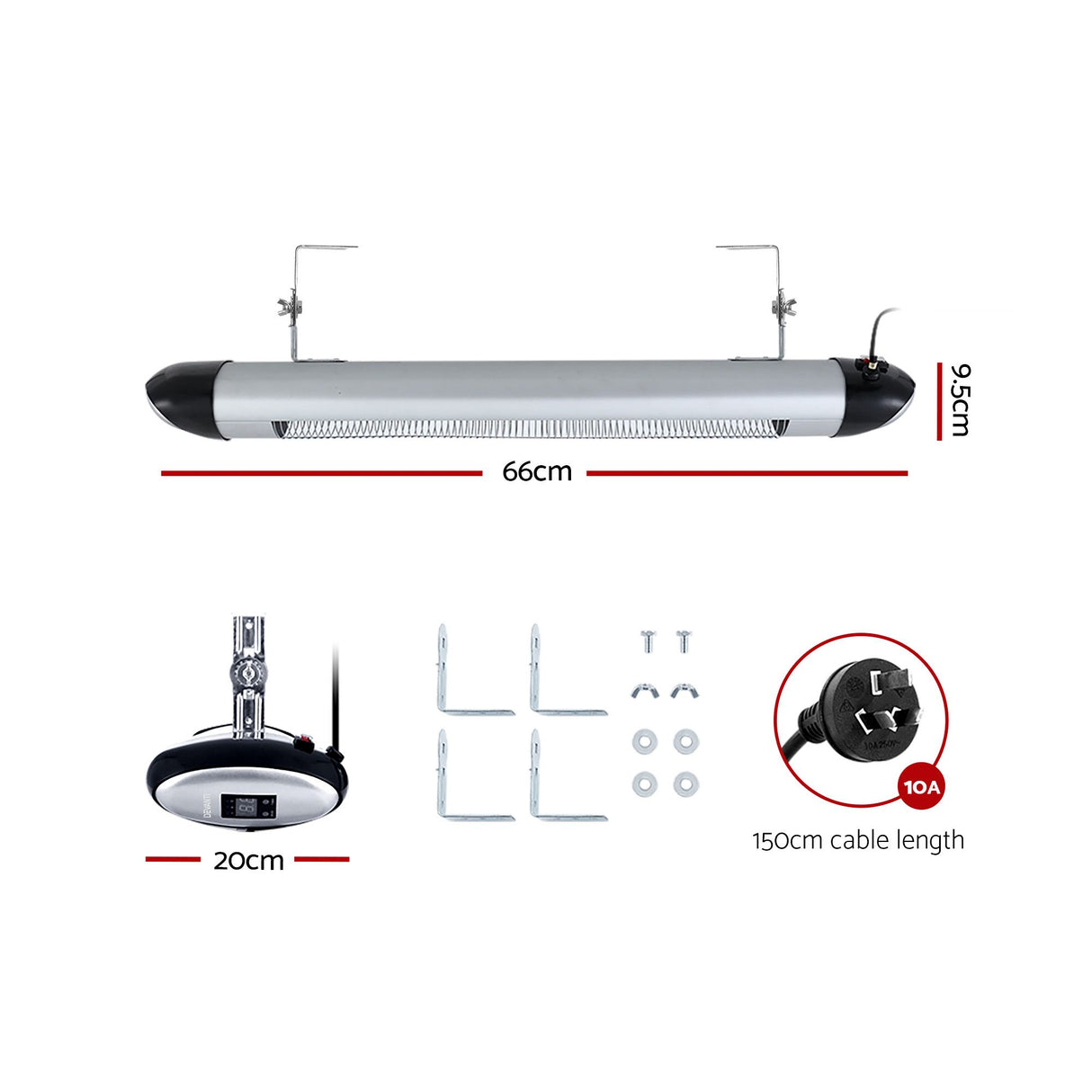 Wall mounted strip heater shown at an angle with swivel brackets