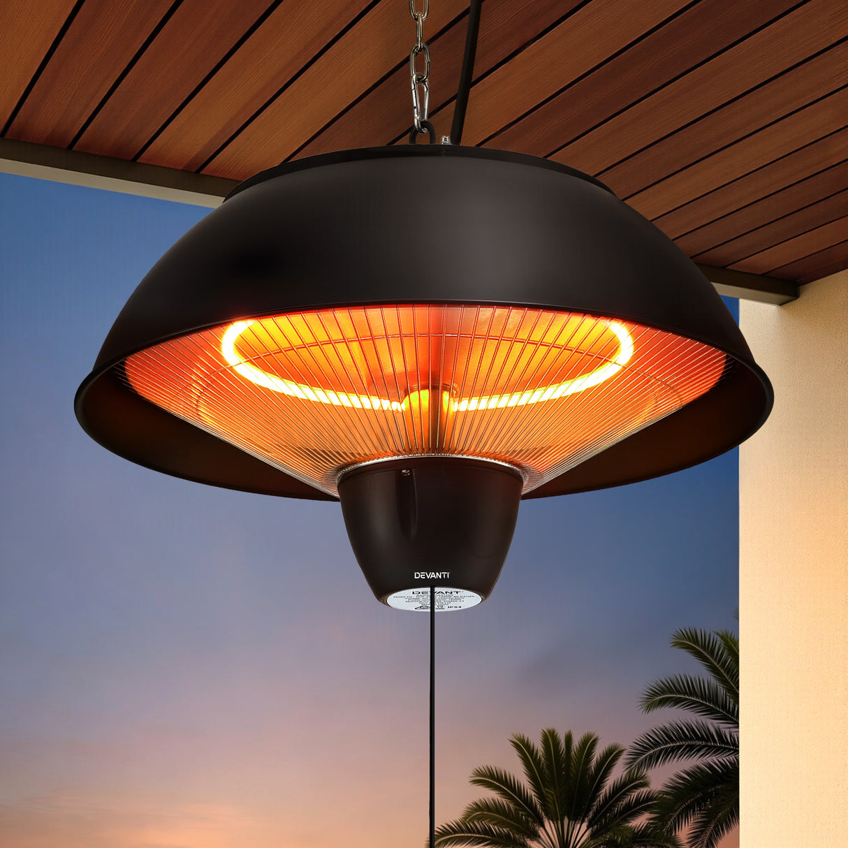 Black 1500 W ceiling mounted infrared patio heater hanging from chains