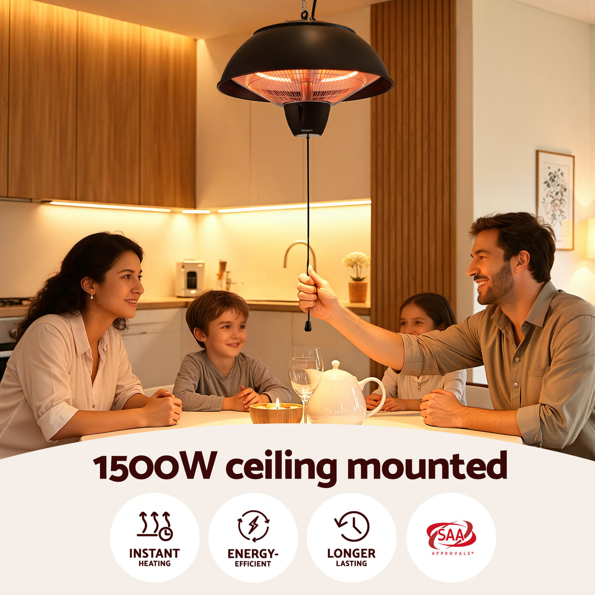 Suspension chains supplied for ceiling mounting the heater