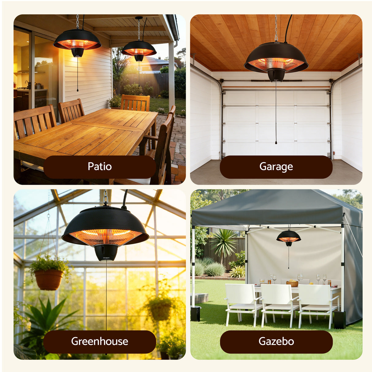 Patio heater installed above an outdoor dining setting