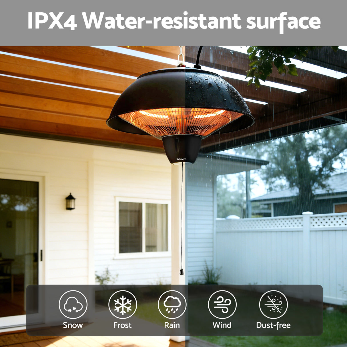 Heater mounted in a garage or carport for winter warmth
