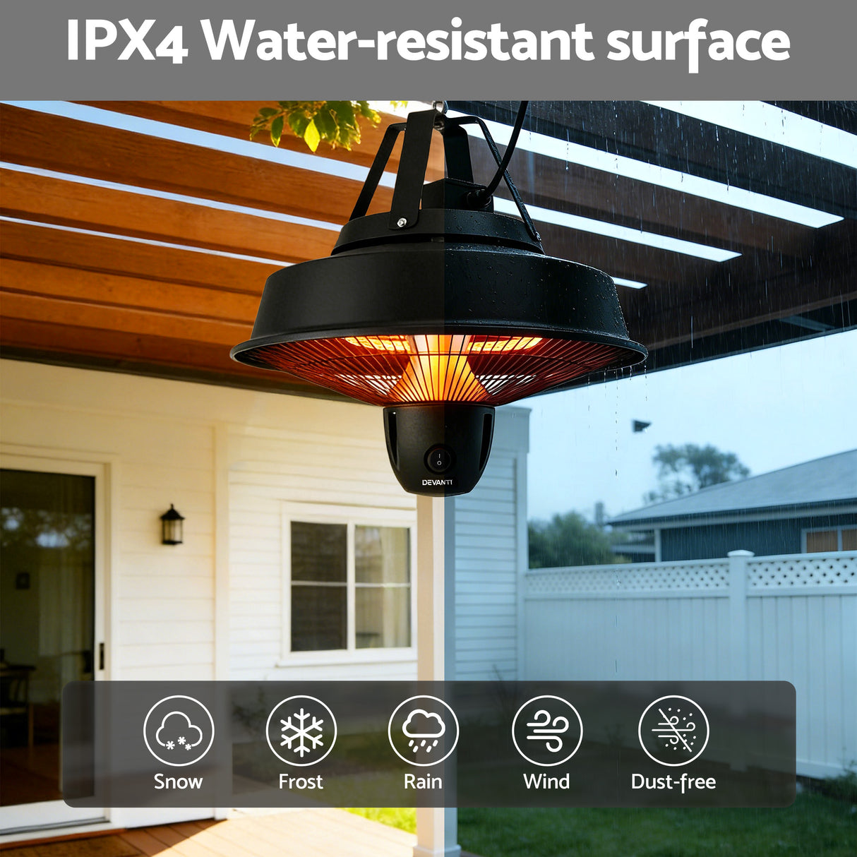 Dimension diagram of the hanging patio heater, 29 x 29 x 43 cm