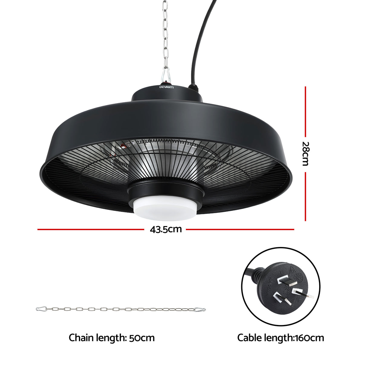 Hanging patio heater with LED ring shown at an angle in black steel