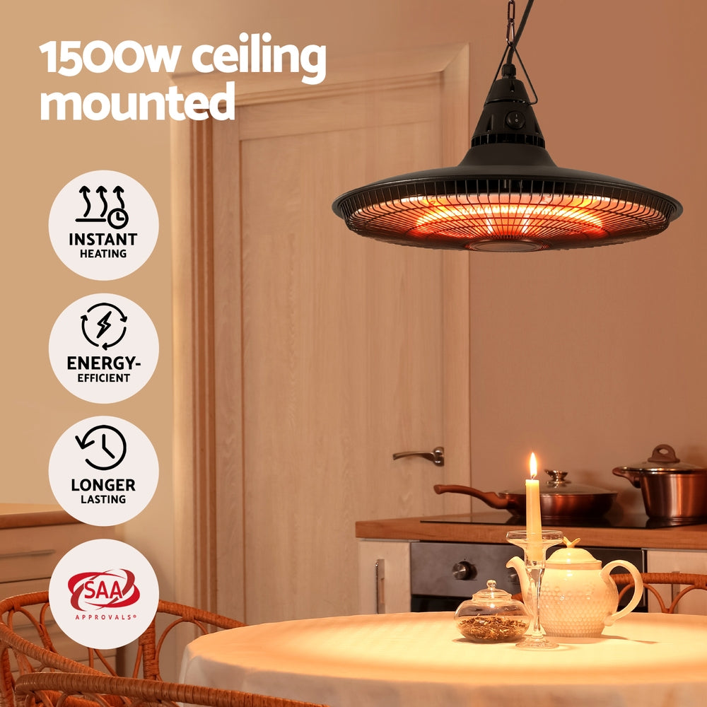 Hanging heater warming an outdoor alfresco dining area