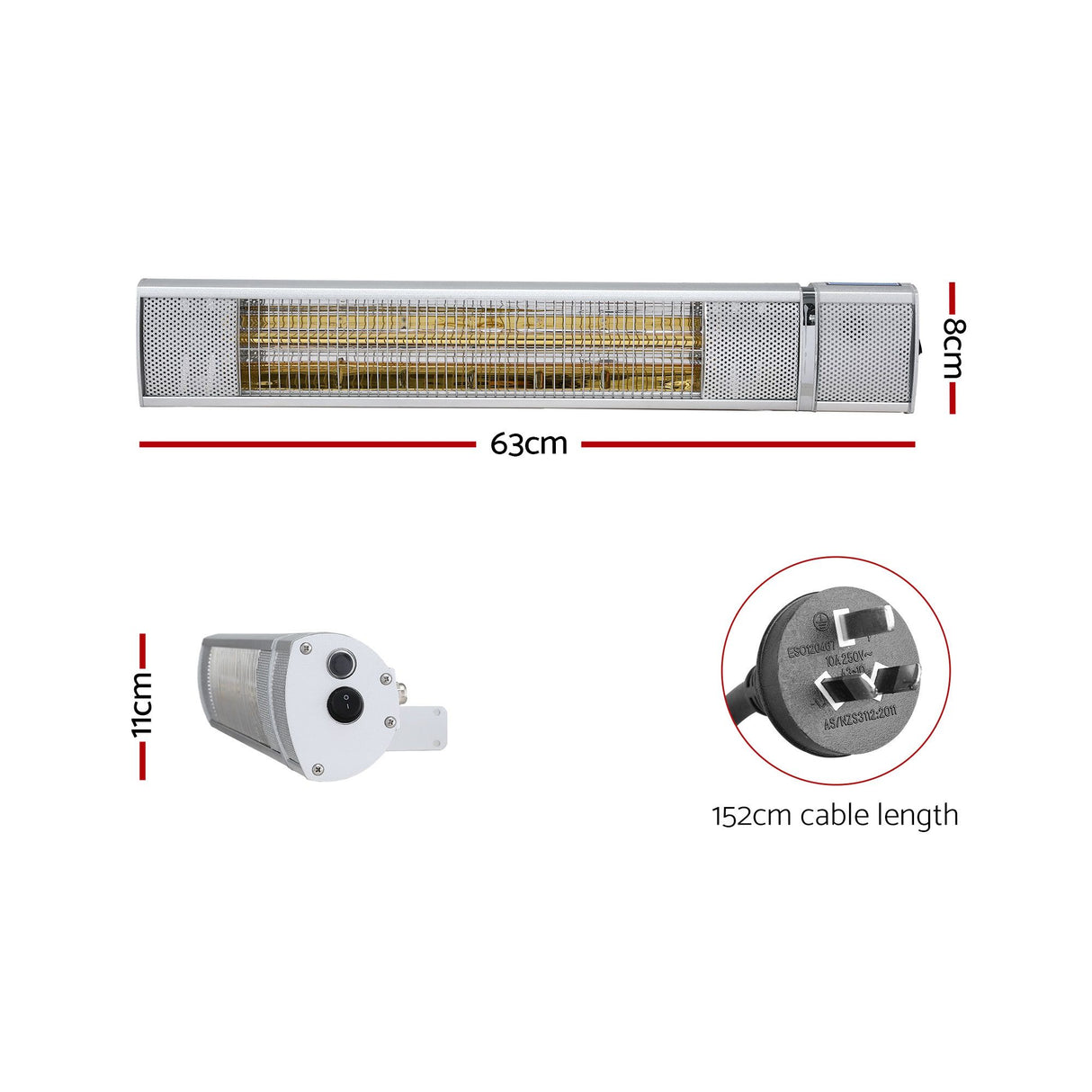 Slim silver strip heater shown at an angle with swivel brackets