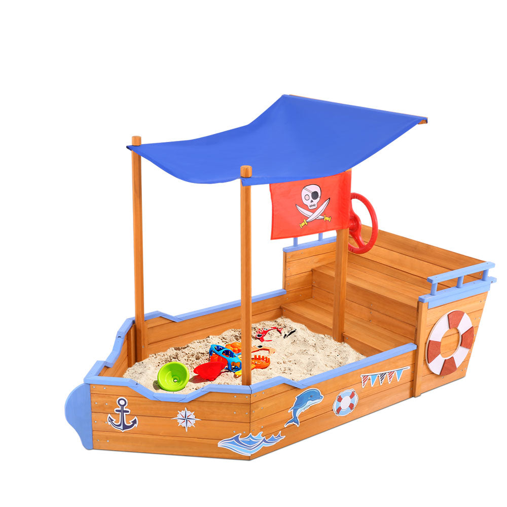 Wooden pirate boat sandpit with canopy and bench seats