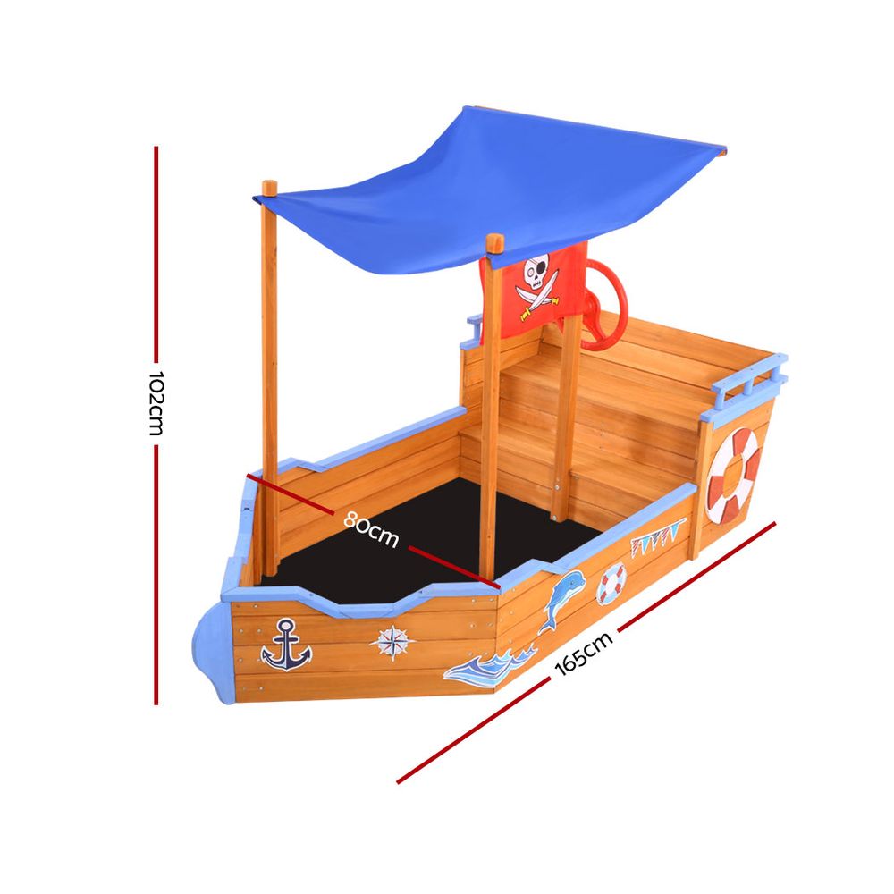 Wooden pirate boat sandpit with canopy and bench seats