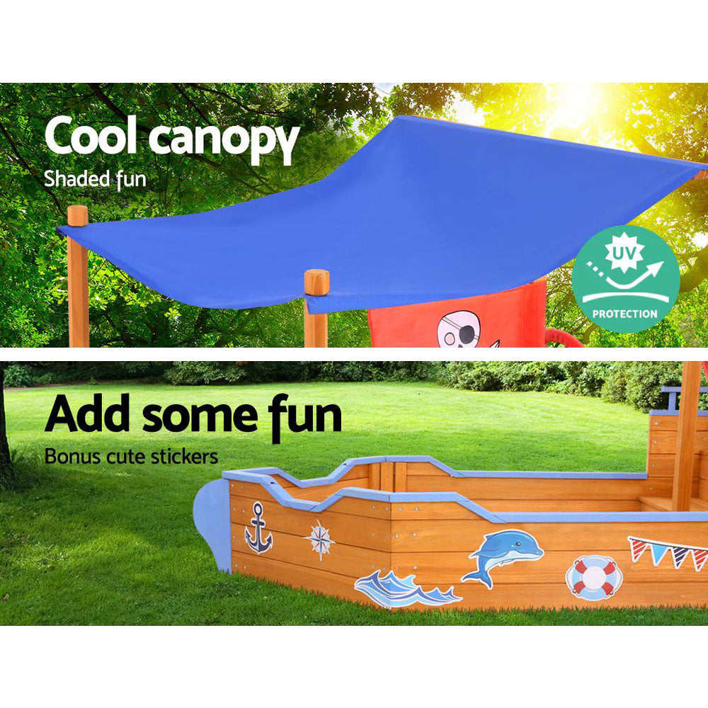 Wooden pirate boat sandpit with canopy and bench seats