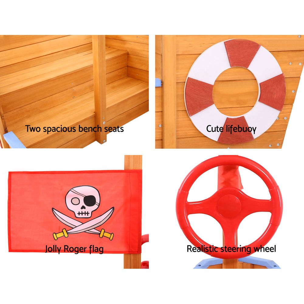 Wooden pirate boat sandpit with canopy and bench seats