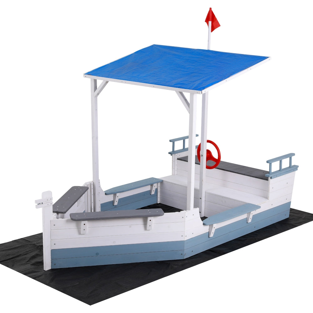 Wooden boat sandpit with canopy and flag in blue