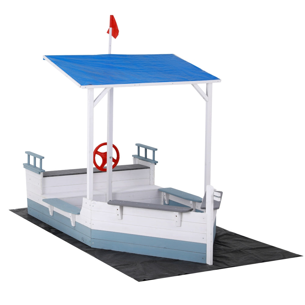 Wooden boat sandpit with canopy and flag in blue