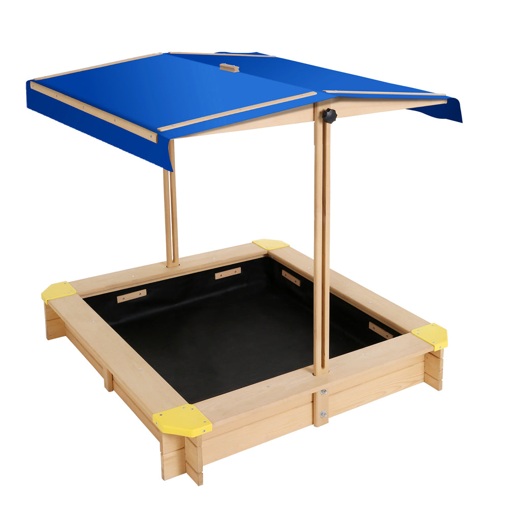 Wooden square sandpit with adjustable canopy and bench seat