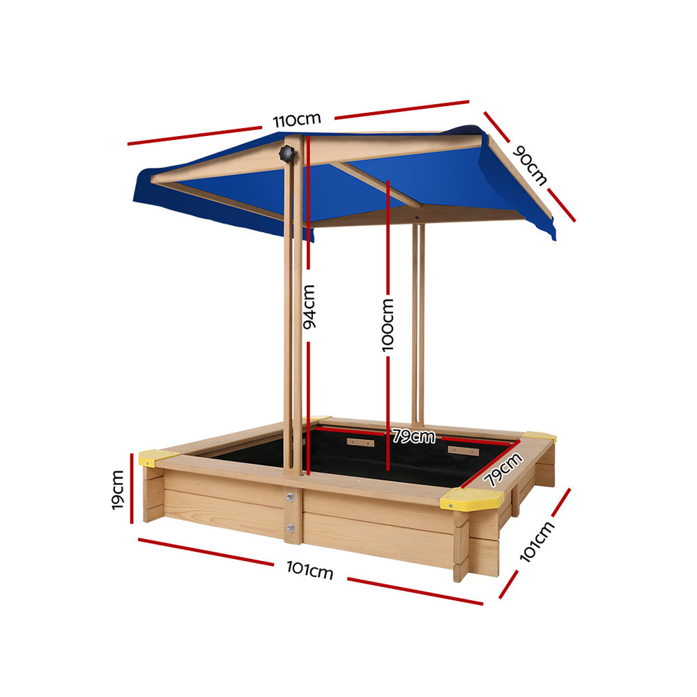 Wooden square sandpit with adjustable canopy and bench seat