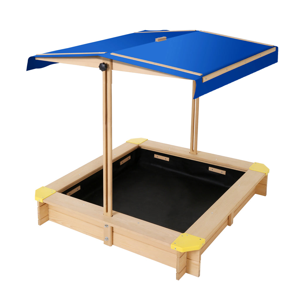Wooden square sandpit with adjustable canopy and bench seat