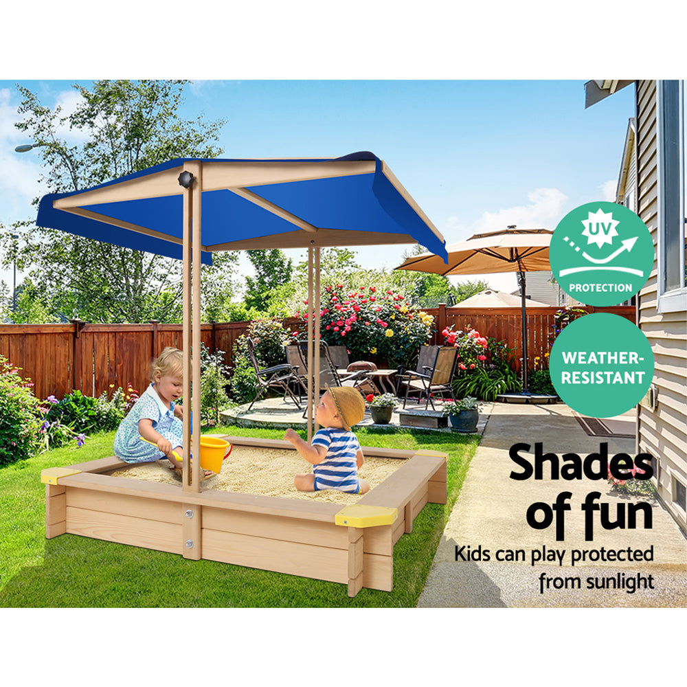 Wooden square sandpit with adjustable canopy and bench seat
