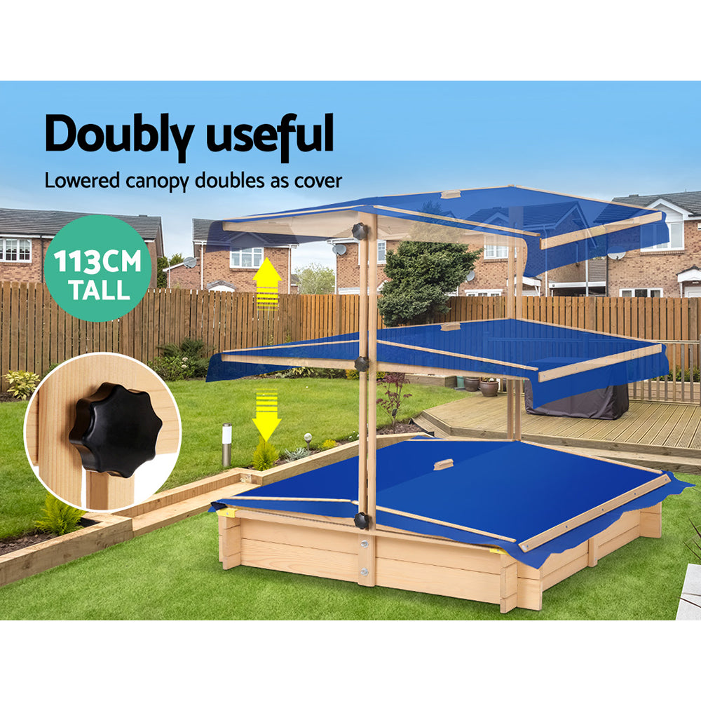 Wooden square sandpit with adjustable canopy and bench seat