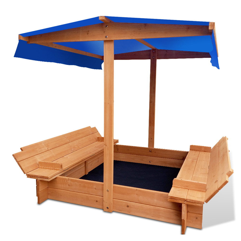 Wooden square sandpit with shade canopy