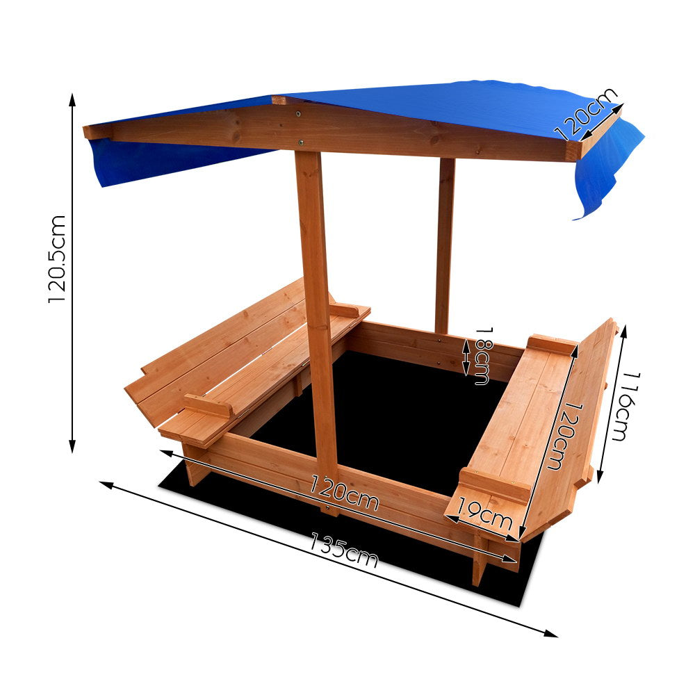 Wooden square sandpit with shade canopy
