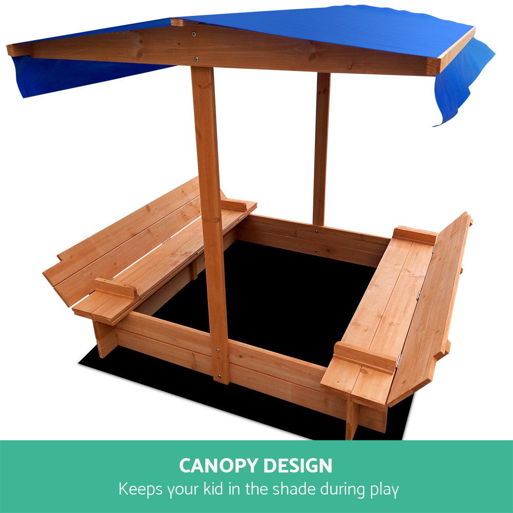 Wooden square sandpit with shade canopy