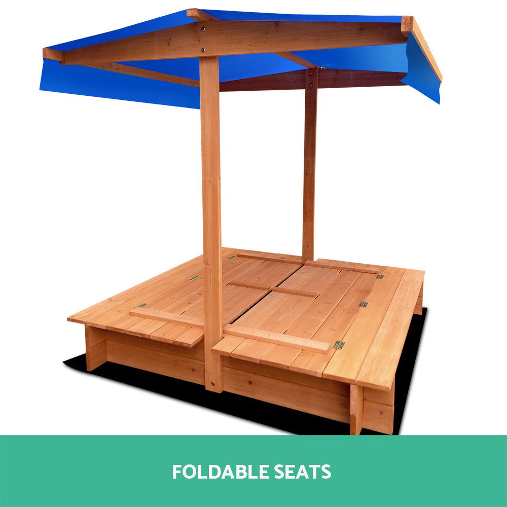 Wooden square sandpit with shade canopy