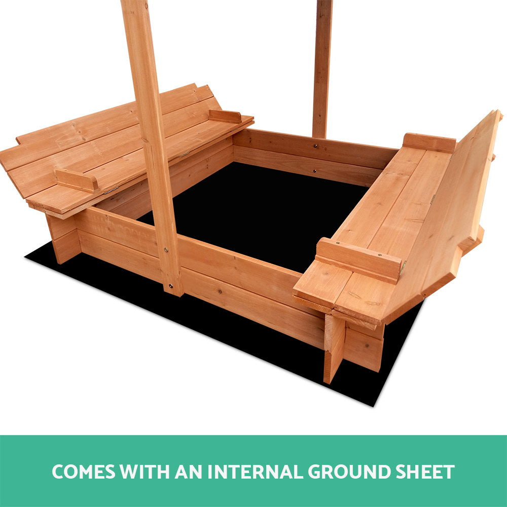 Wooden square sandpit with shade canopy