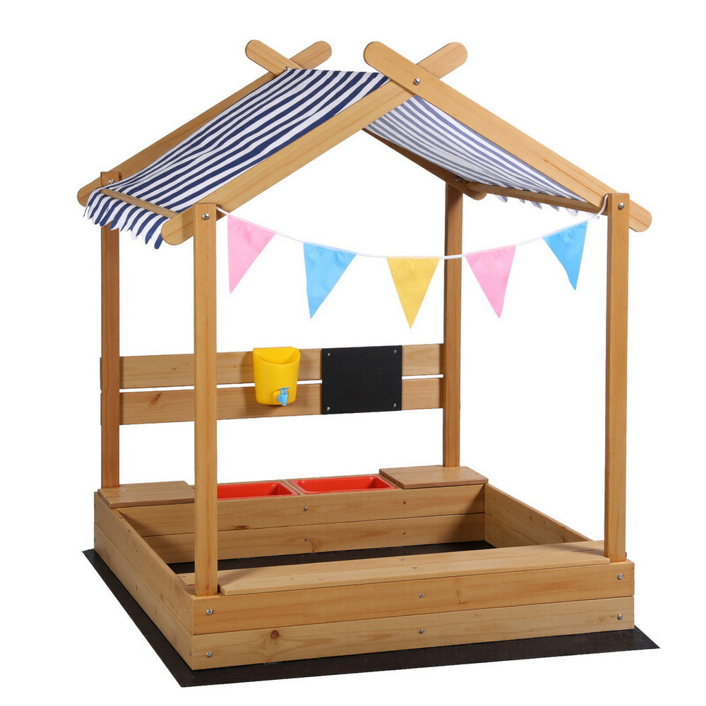 Wooden Sandpit with Canopy, Funnel and Play Accessories
