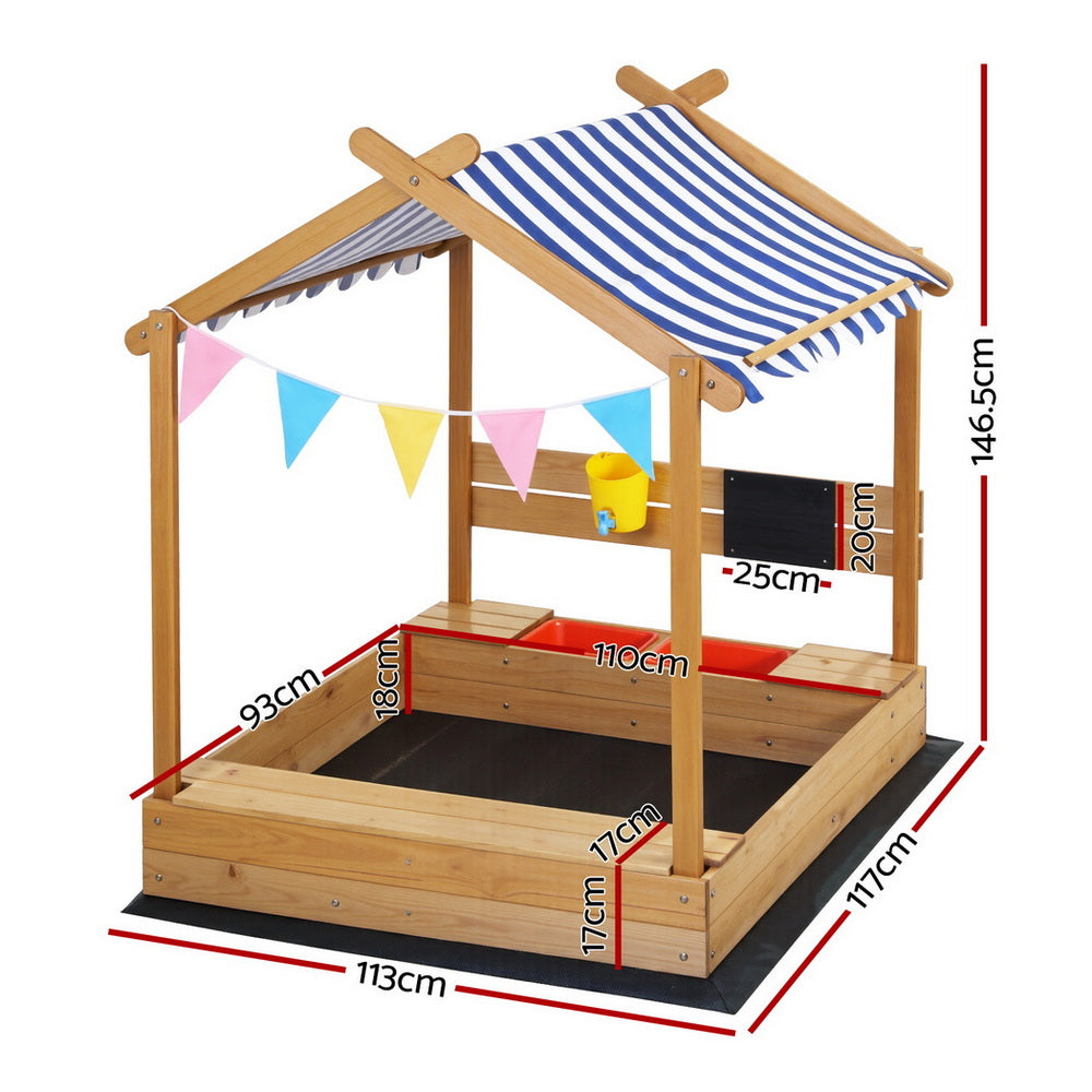 Wooden Sandpit with Canopy, Funnel and Play Accessories