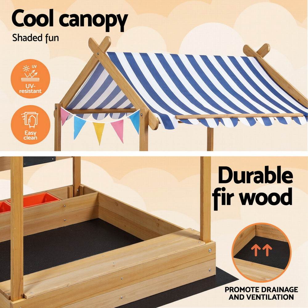Wooden Sandpit with Canopy, Funnel and Play Accessories