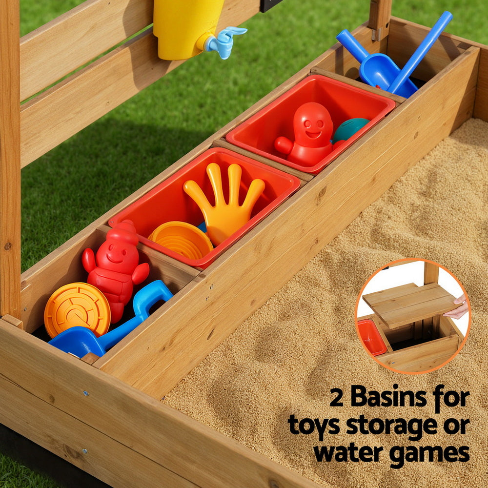 Wooden Sandpit with Canopy, Funnel and Play Accessories