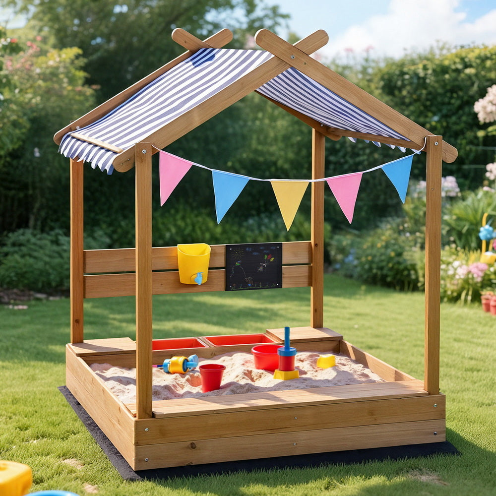 Wooden Sandpit with Canopy, Funnel and Play Accessories