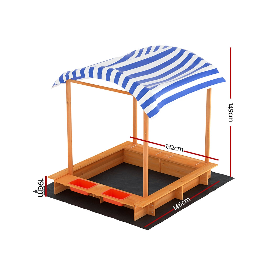 Wooden Sandpit with Canopy and Dual Basins, 146cm
