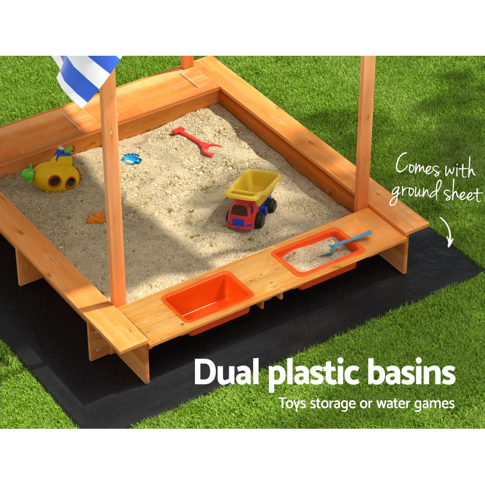 Wooden Sandpit with Canopy and Dual Basins, 146cm