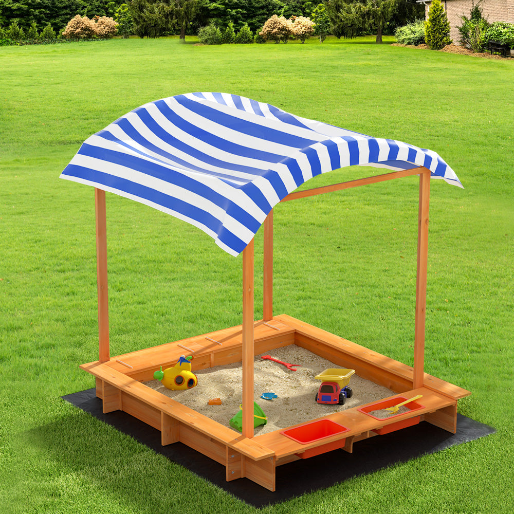 Wooden Sandpit with Canopy and Dual Basins, 146cm