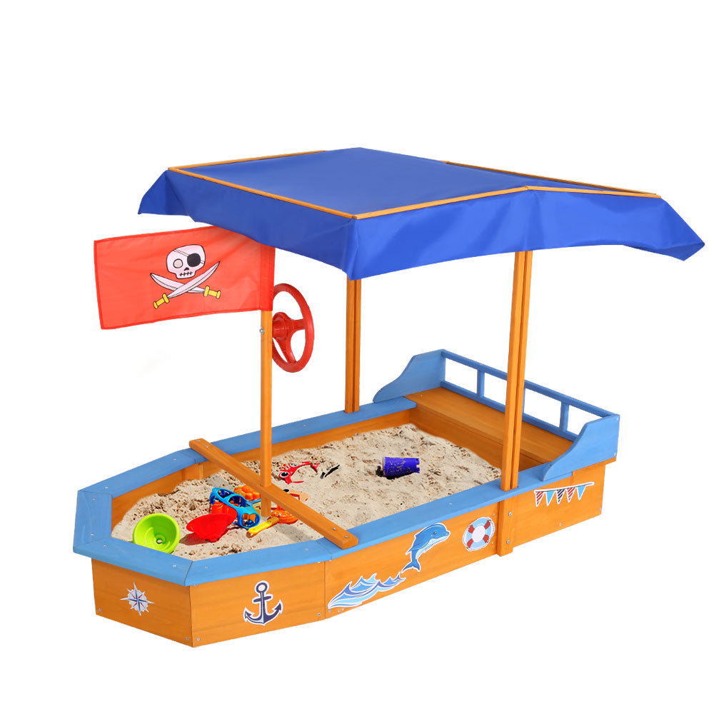 Wooden pirate boat sandpit with canopy and bench seats