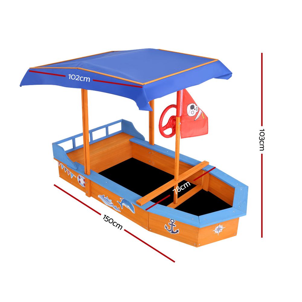 Wooden pirate boat sandpit with canopy and bench seats