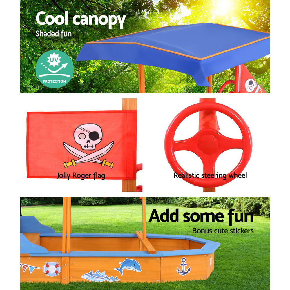 Wooden pirate boat sandpit with canopy and bench seats