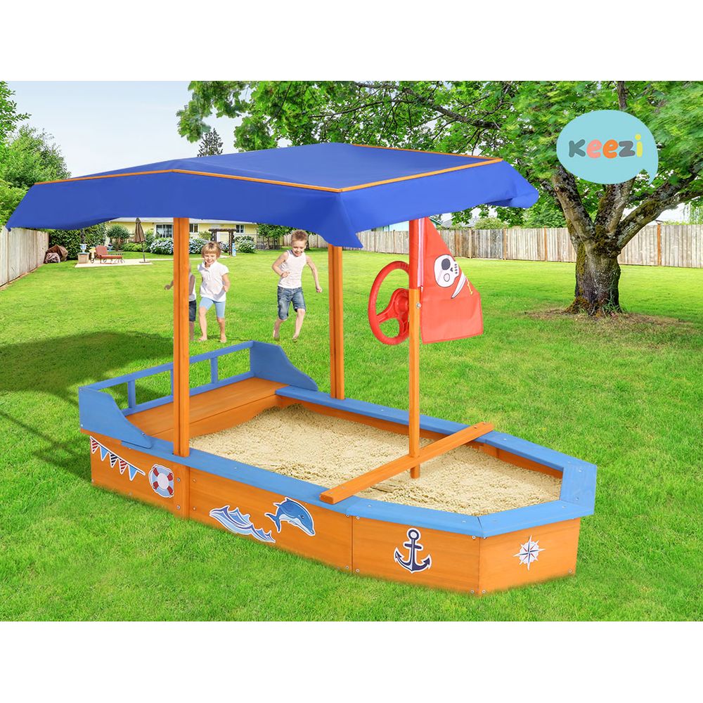 Wooden pirate boat sandpit with canopy and bench seats
