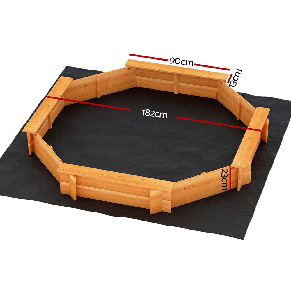 Wooden octagon sandpit with cover and bench seats