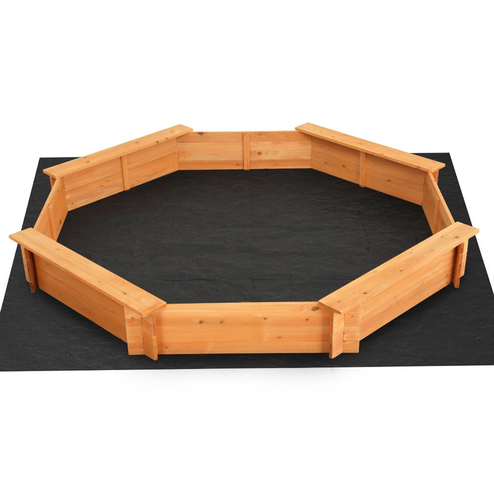 Wooden octagon sandpit with cover and bench seats