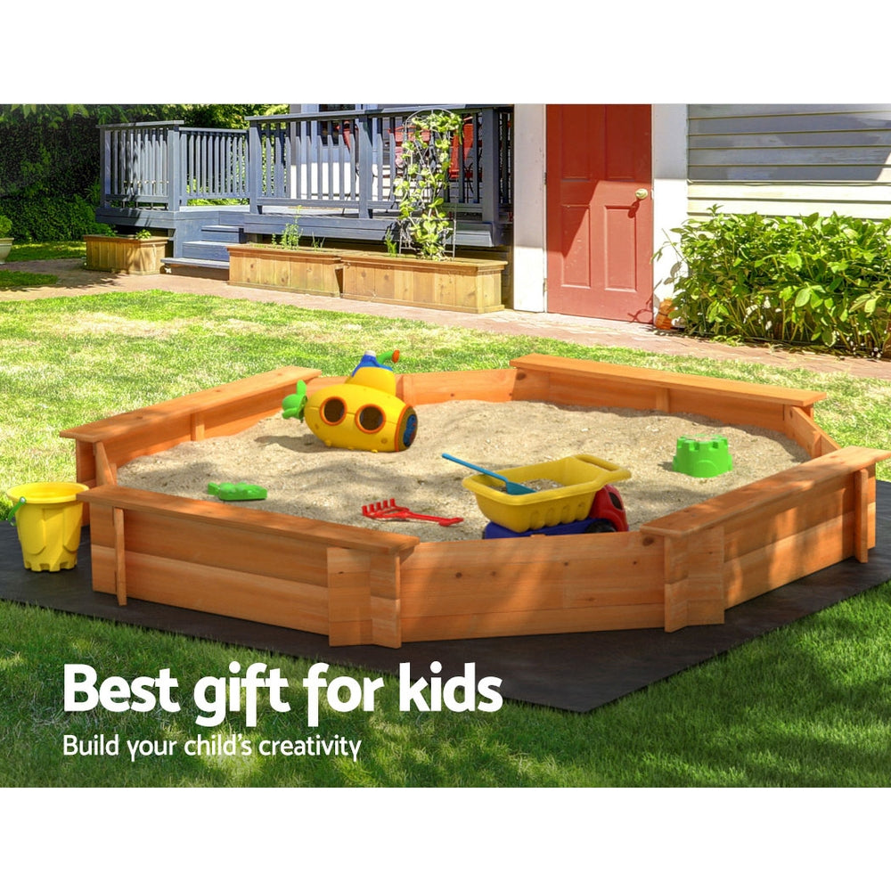 Wooden octagon sandpit with cover and bench seats