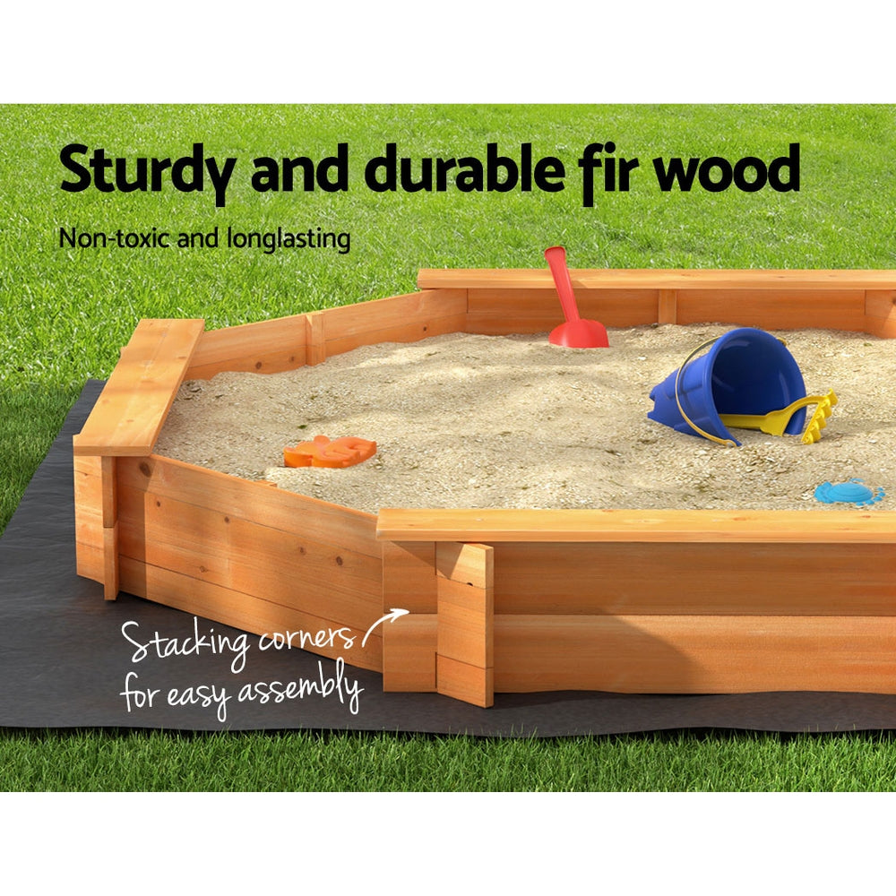 Wooden octagon sandpit with cover and bench seats