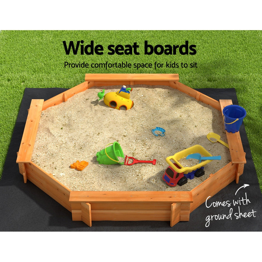 Wooden octagon sandpit with cover and bench seats