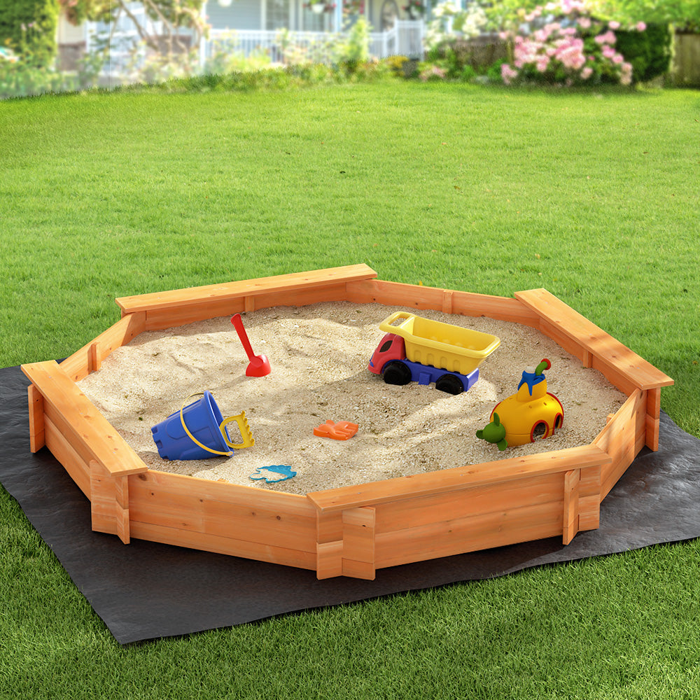 Wooden octagon sandpit with cover and bench seats